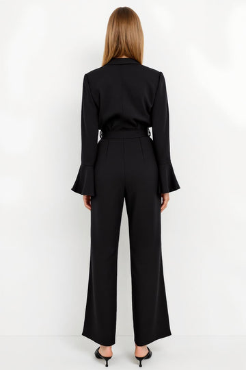 Black Peak Lapel Jumpsuit with Belt
